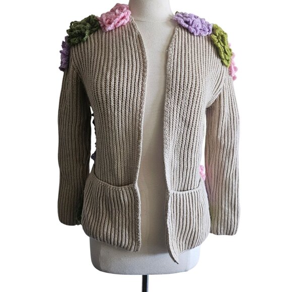 Handmade Beige Open-Front Knit Cardigan Upcycled With Floral Crochet Accents - Picture 12 of 14